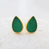 Chrysoprase Chalcedony Pear Flat Stud Earrings-Gold Plated 925 Sterling Silver Stud Earring Jewelry-Christmas Gift-Anniversary Gift Earrings